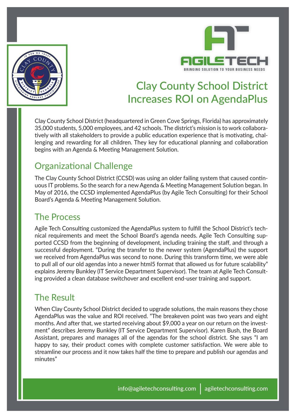 Clay County School District Increases ROI on AgendaPlus case study — first page